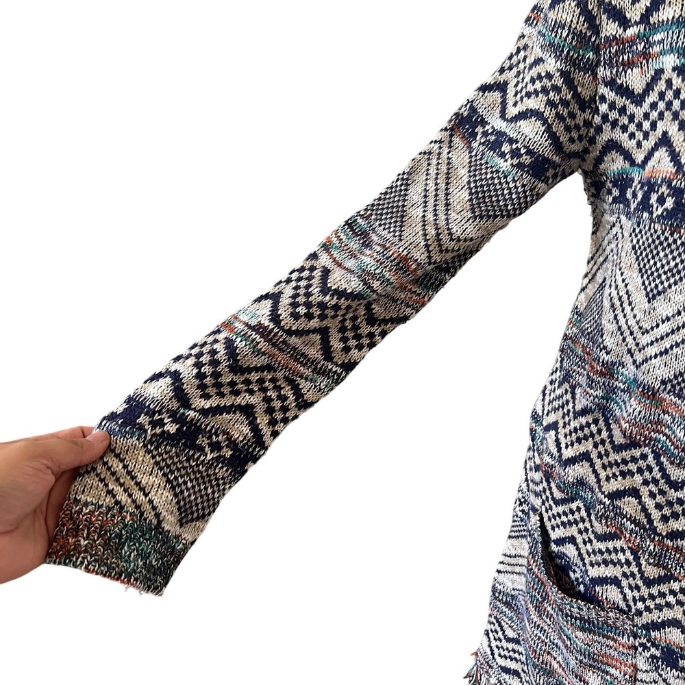 New Directions Womens Large Southwestern Fringe Longline Cardigan Sweater Blue - Picture 3 of 5